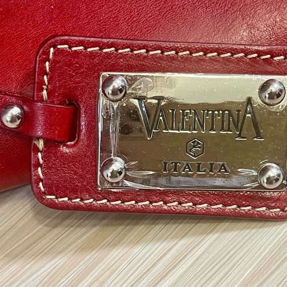VALENTINA Italy Red Leather Stachel Handbag Double Handle Cross Body Strap. - Picture 4 of 8